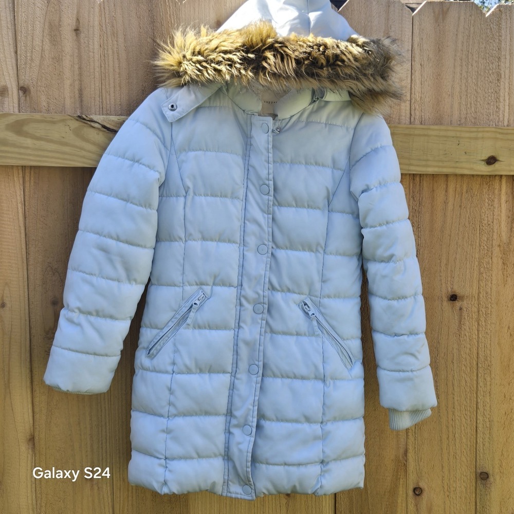 Girls Puffer Jacket Coat Sz 8/10 Copper Key Faux Fur Hood Lined Winter Pale Blue